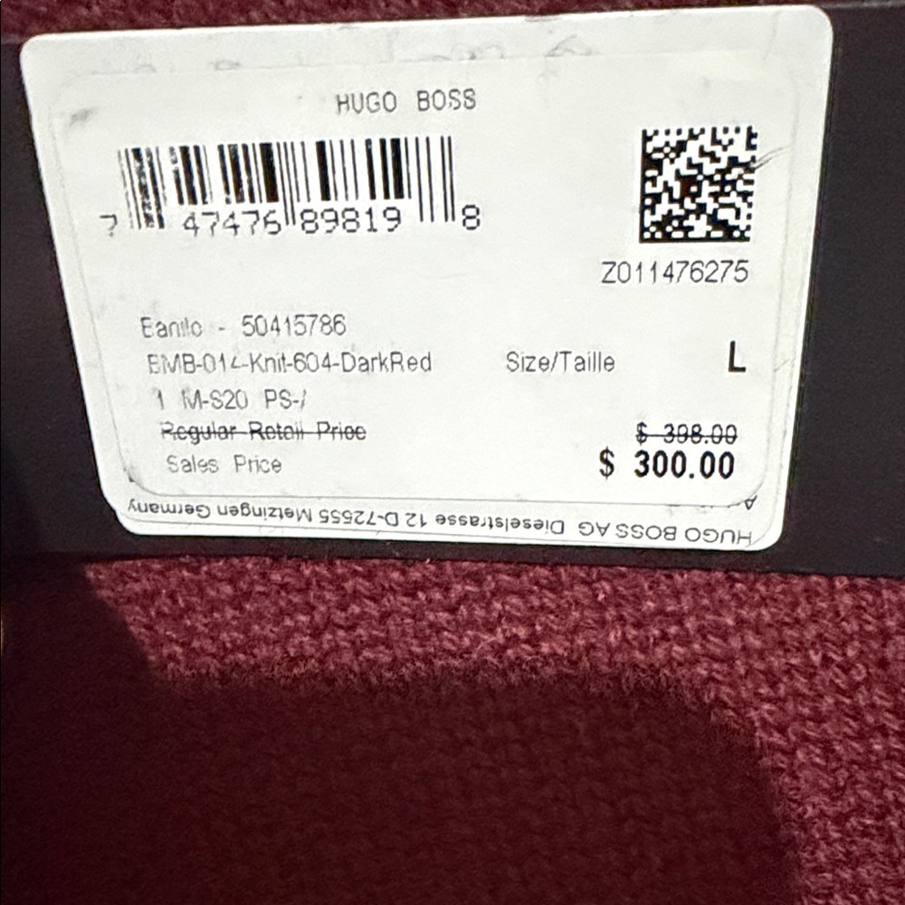 Hugo boss cashmere Men's Deep Red Crewneck Sweater Pullover size L - Picture 3 of 8